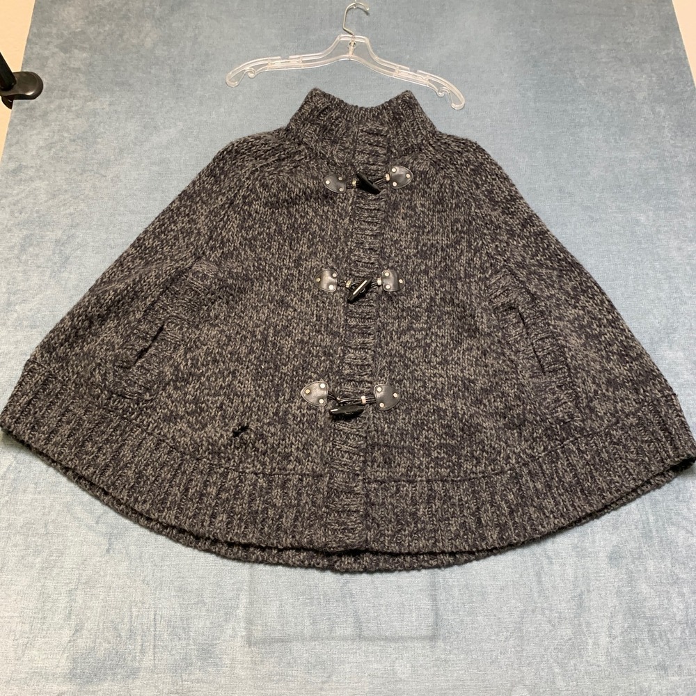Michael Kors Cape Poncho Sweater Womens M Grey Wool Knit Toggle Button Mock Neck